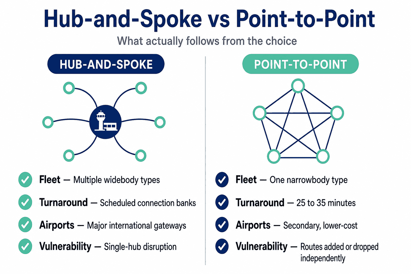 Comparison of hub-and-spoke versus point-to-point airline networks across fleet, turnaround time, airport choice and vulnerability